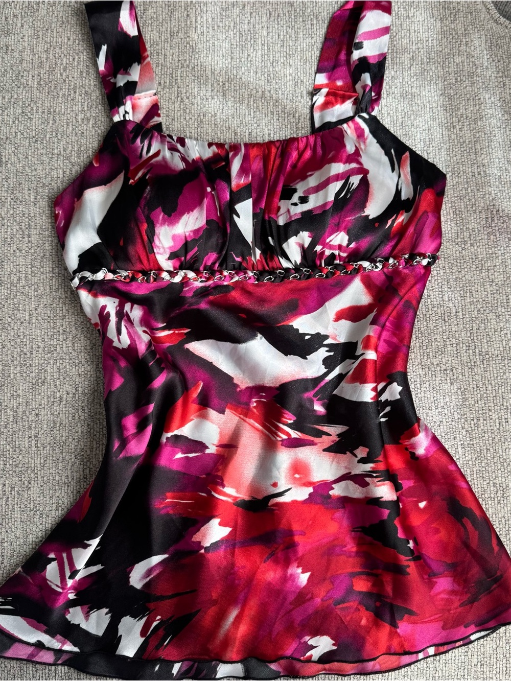 Y2K Women's Pink Black Floral Satin Tank Top